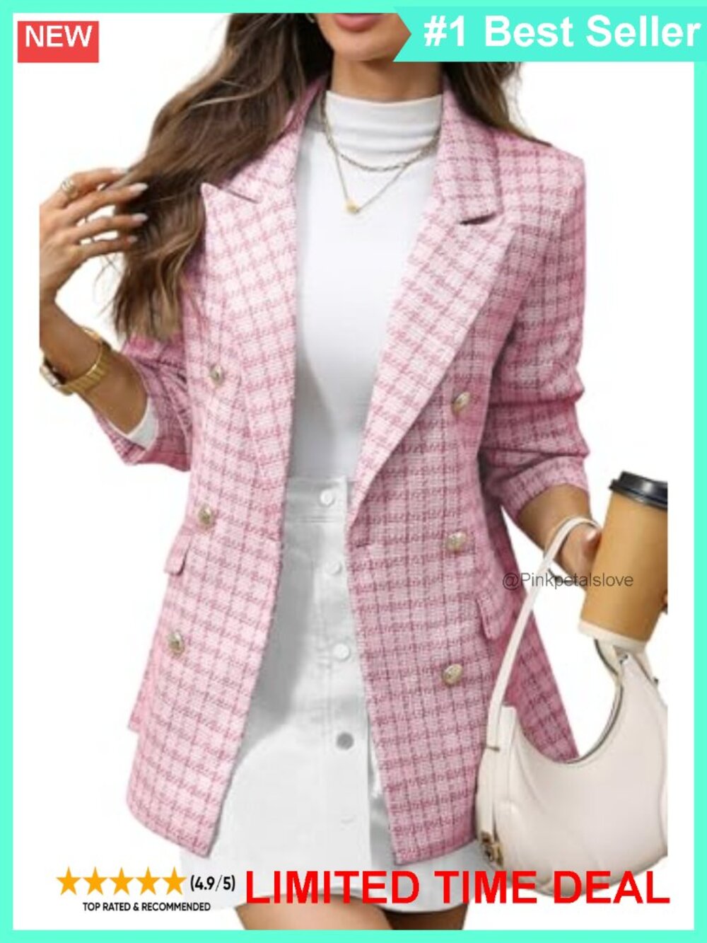 Oversized Plaid Tweed Blazer Boyfriend Style Jacket Business Casual